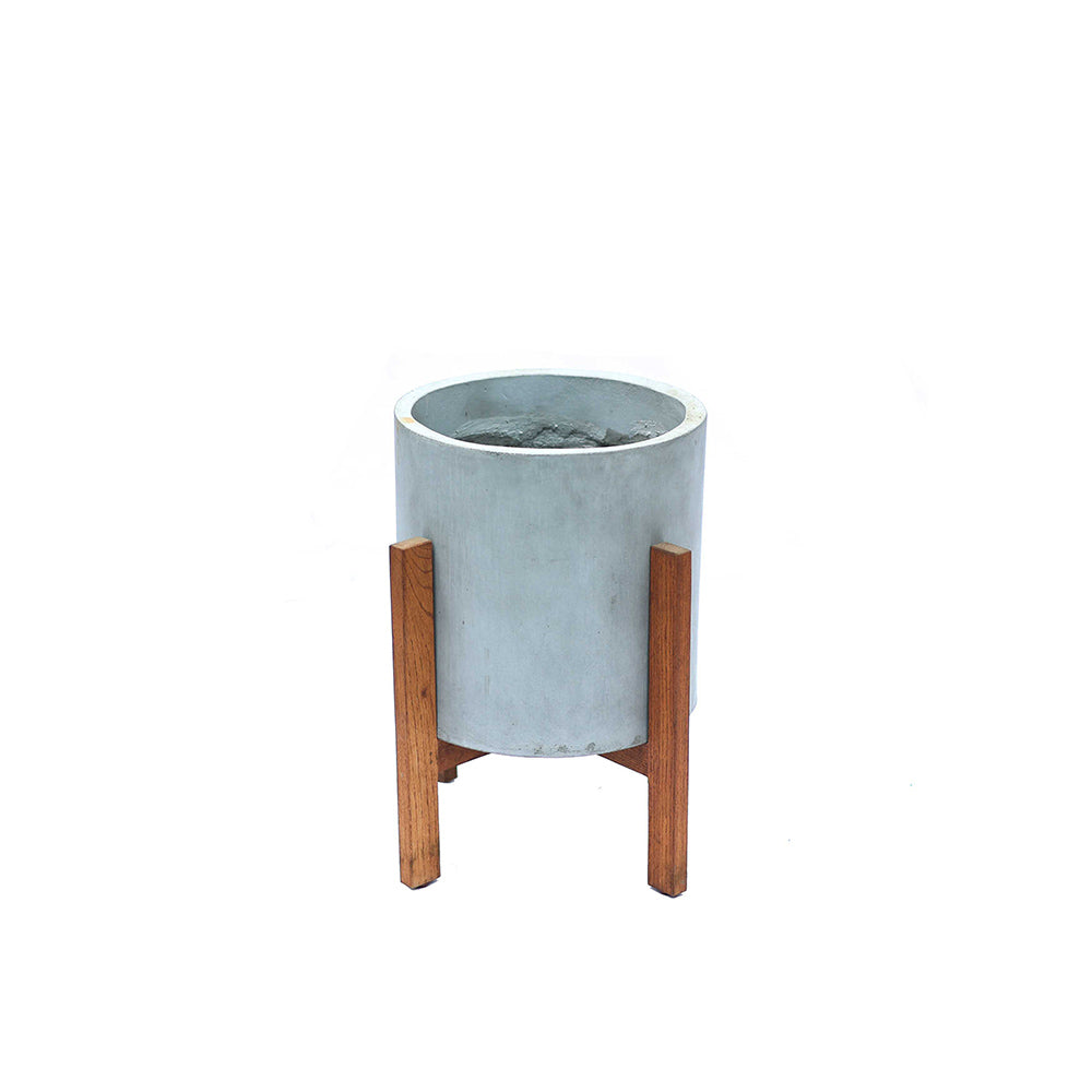 Berlin Ahşap Ayaklı Yuvarlak Beton Saksı M Gri