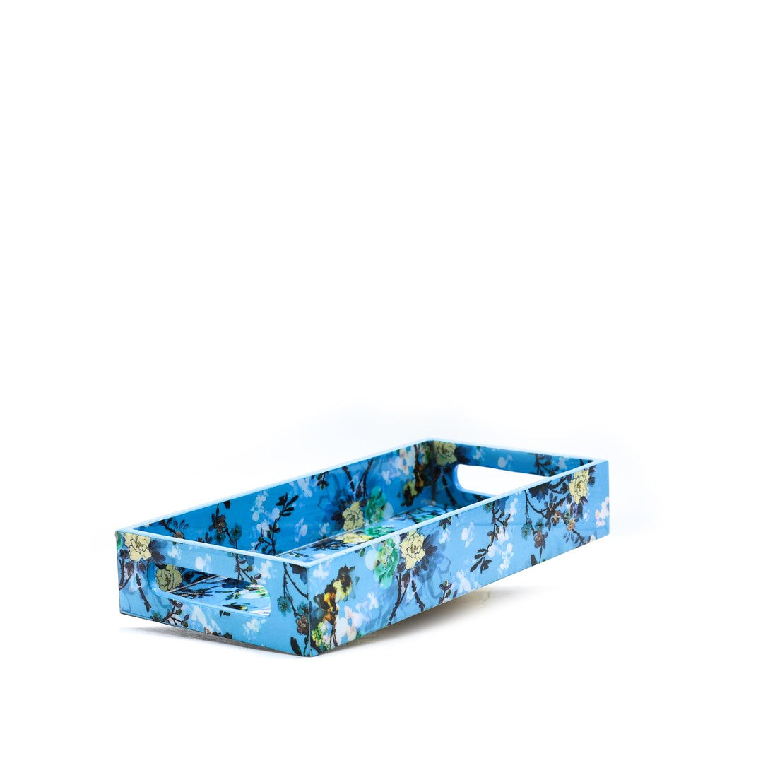 Çiçek Desenli Mavi Ahşap Tepsi Seti Küçük Boy