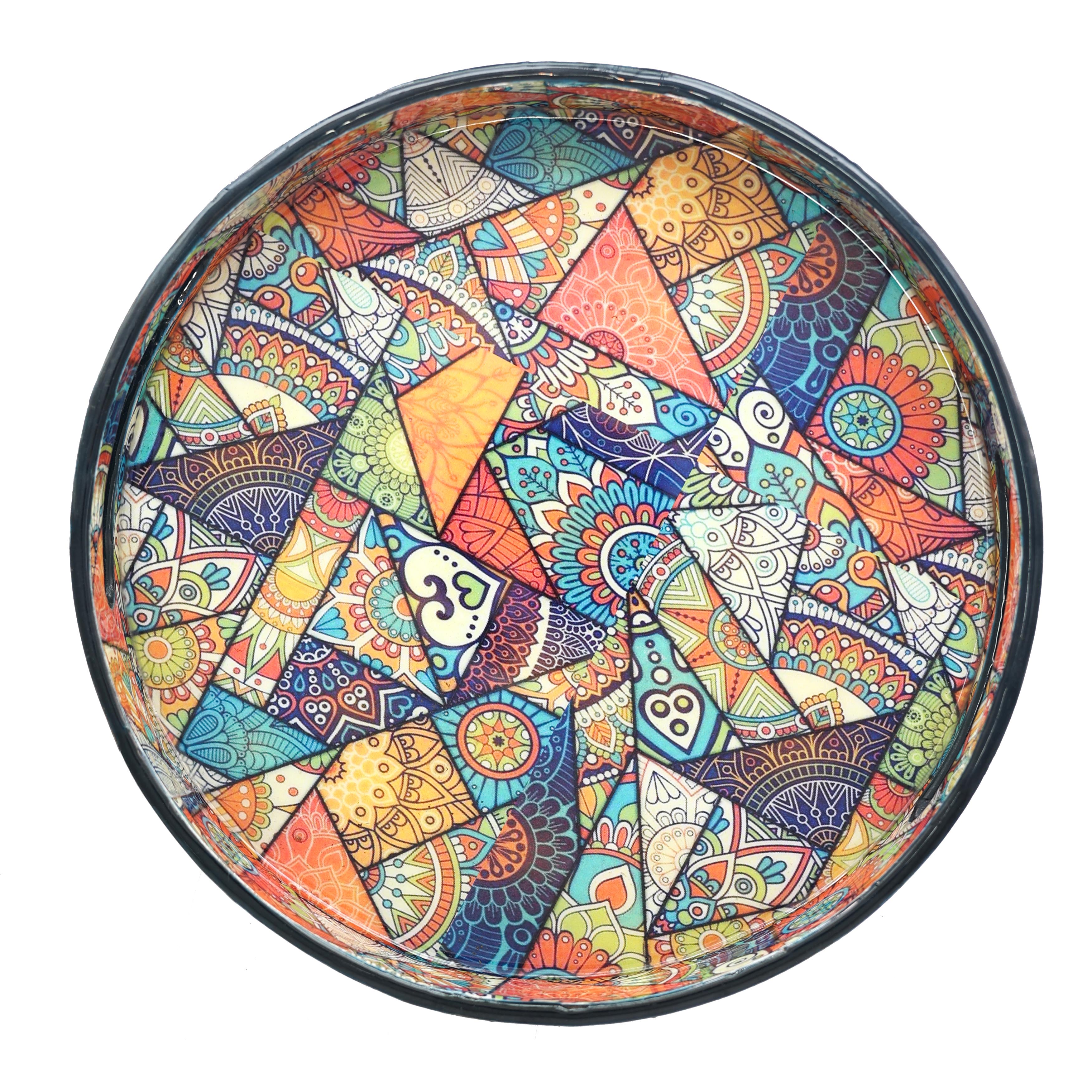 Desenli Yuvarlak Ahşap Tepsi Büyük Boy