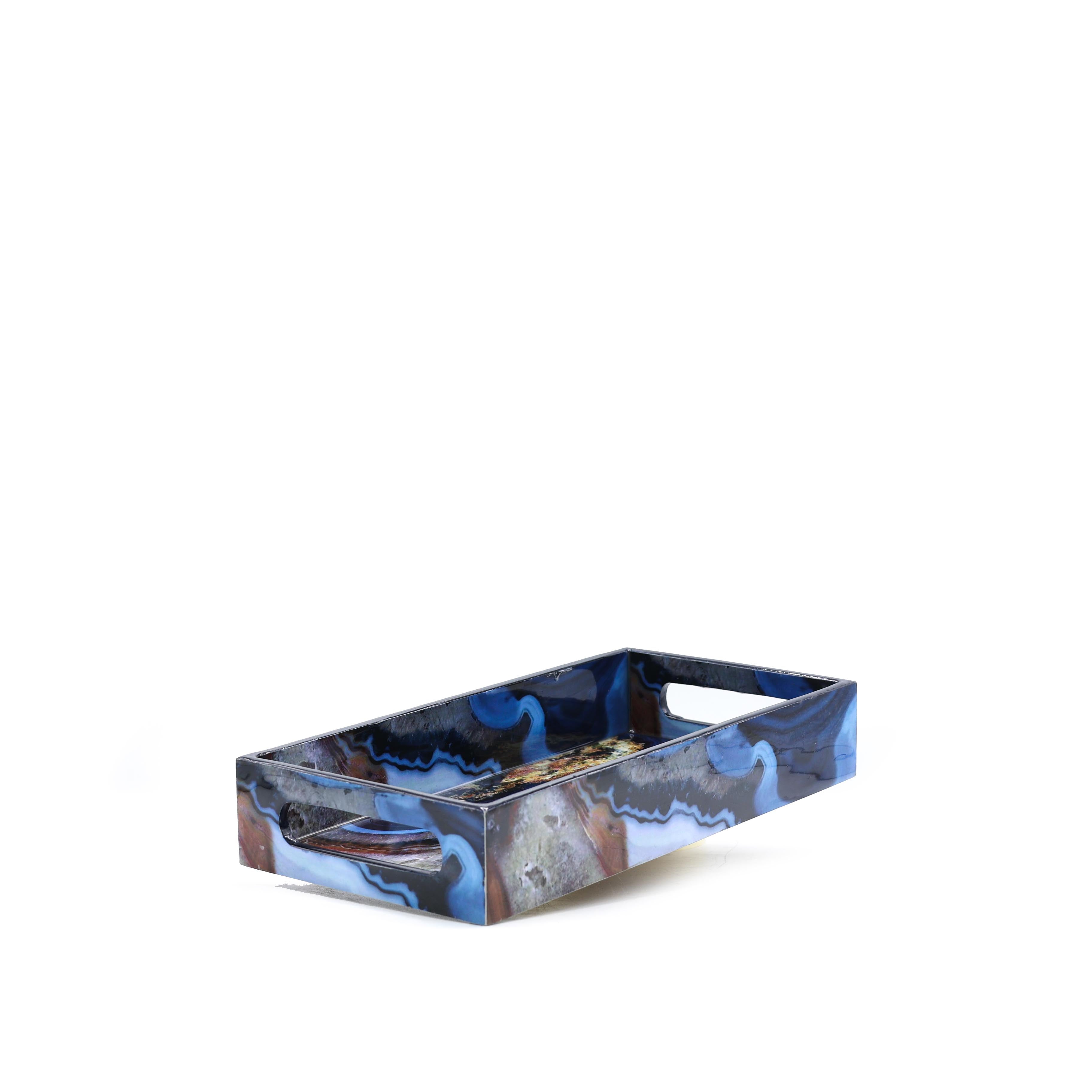 Mavi Desenli Ahşap Tepsi Küçük Boy