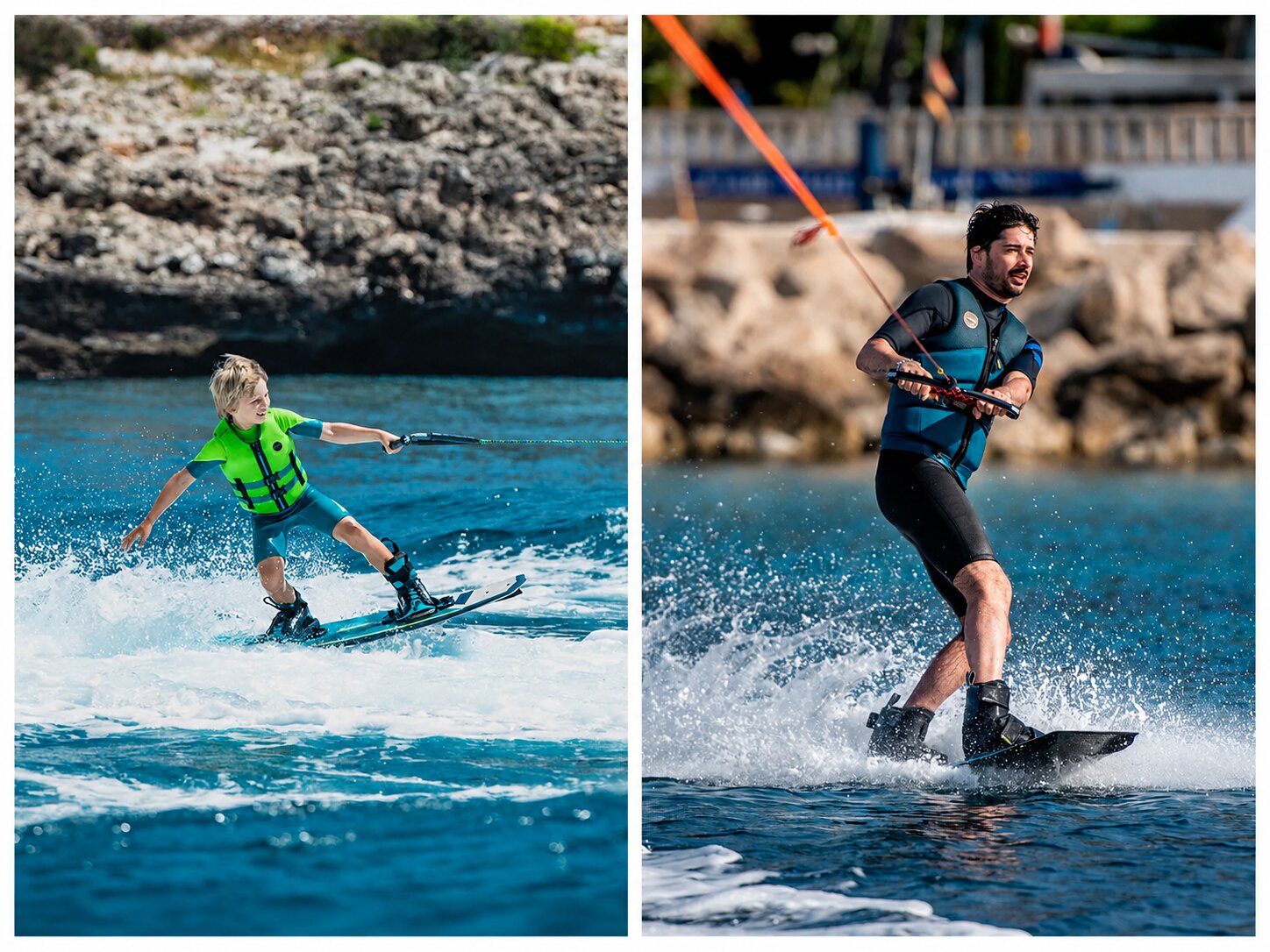 Tekne arkasında güvenli ve doğru boyutlarda çocuk wakeboard tahtası ile kayan mutlu bir çocuk