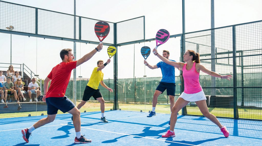 Profesyonel padel kortunda karbon fiber raketlerle maç yapan oyuncular