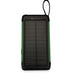 Paleon 10.000 mAh yeşil 3'ü 1 arada solar powerbank, siyah güneş paneli, LED gösterge ve askı.