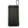 Paleon 10.000 mAh yeşil 3'ü 1 arada solar powerbank, siyah güneş paneli, LED gösterge ve askı.