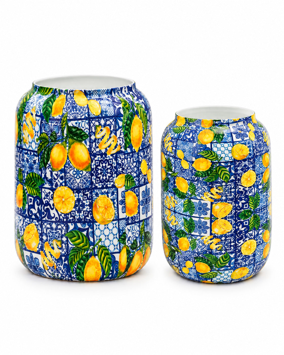 Amalfi 2'li metal saksı seti L+XL, Amalfi desenli alüminyum enamel kaplama dekoratif saksılar