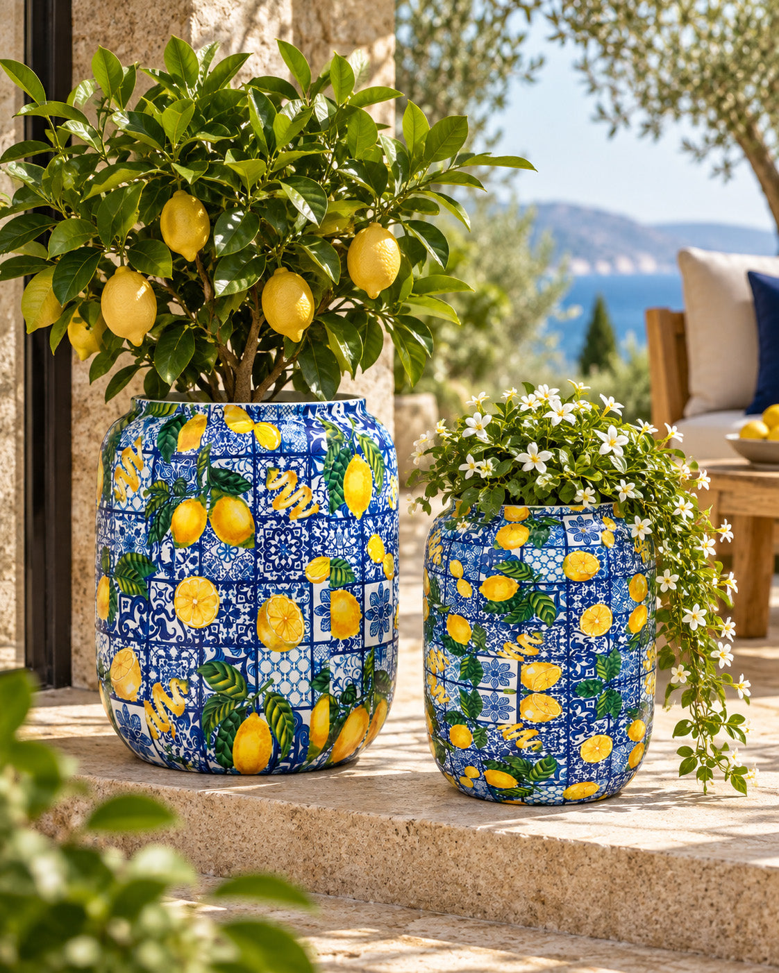 Amalfi 2'li metal saksı seti L+XL, Amalfi desenli alüminyum enamel kaplama dekoratif saksılar