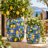 Amalfi 2'li metal saksı seti L+XL, Amalfi desenli alüminyum enamel kaplama dekoratif saksılar