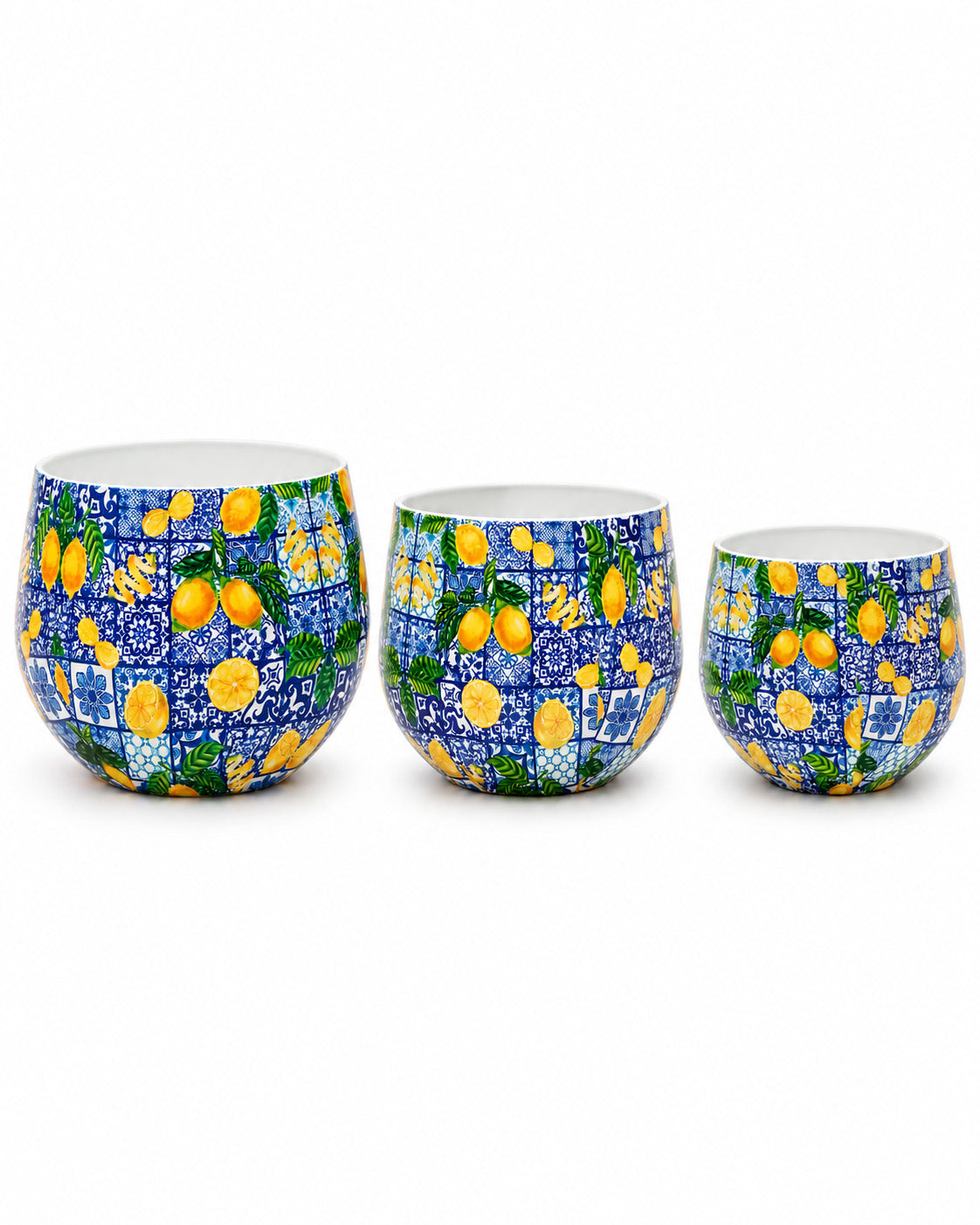 Amalfi 3'lü metal saksı seti XS+S+M, Amalfi desenli alüminyum enamel kaplama dekoratif saksılar