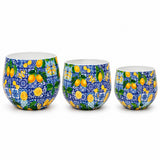 Amalfi 3'lü metal saksı seti XS+S+M, Amalfi desenli alüminyum enamel kaplama dekoratif saksılar
