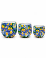 Amalfi 3'lü metal saksı seti XS+S+M, Amalfi desenli alüminyum enamel kaplama dekoratif saksılar