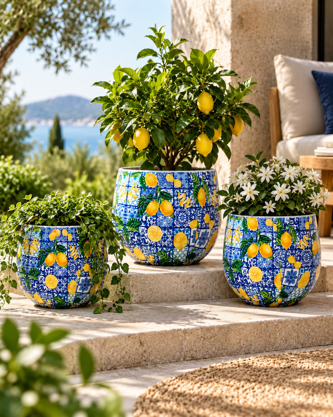 Amalfi 3'lü metal saksı seti XS+S+M, Amalfi desenli alüminyum enamel kaplama dekoratif saksılar