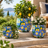 Amalfi 3'lü metal saksı seti XS+S+M, Amalfi desenli alüminyum enamel kaplama dekoratif saksılar