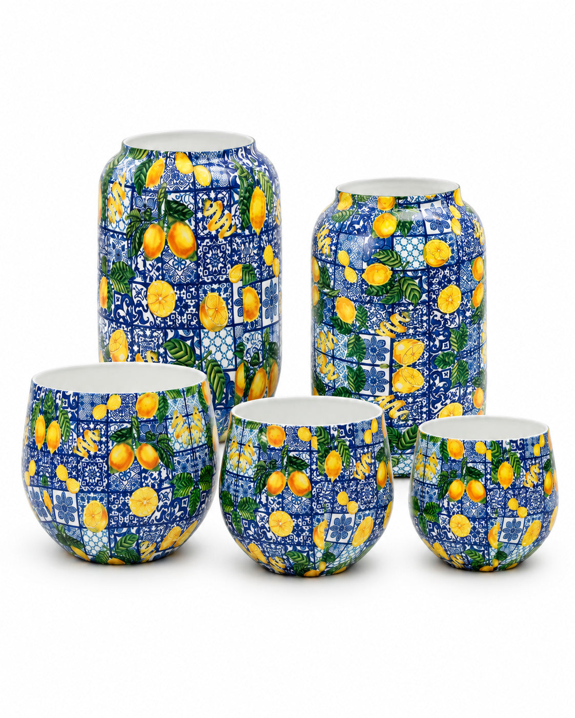 Amalfi 5'li metal saksı seti XS-XL, Amalfi desenli alüminyum enamel kaplama dekoratif saksılar