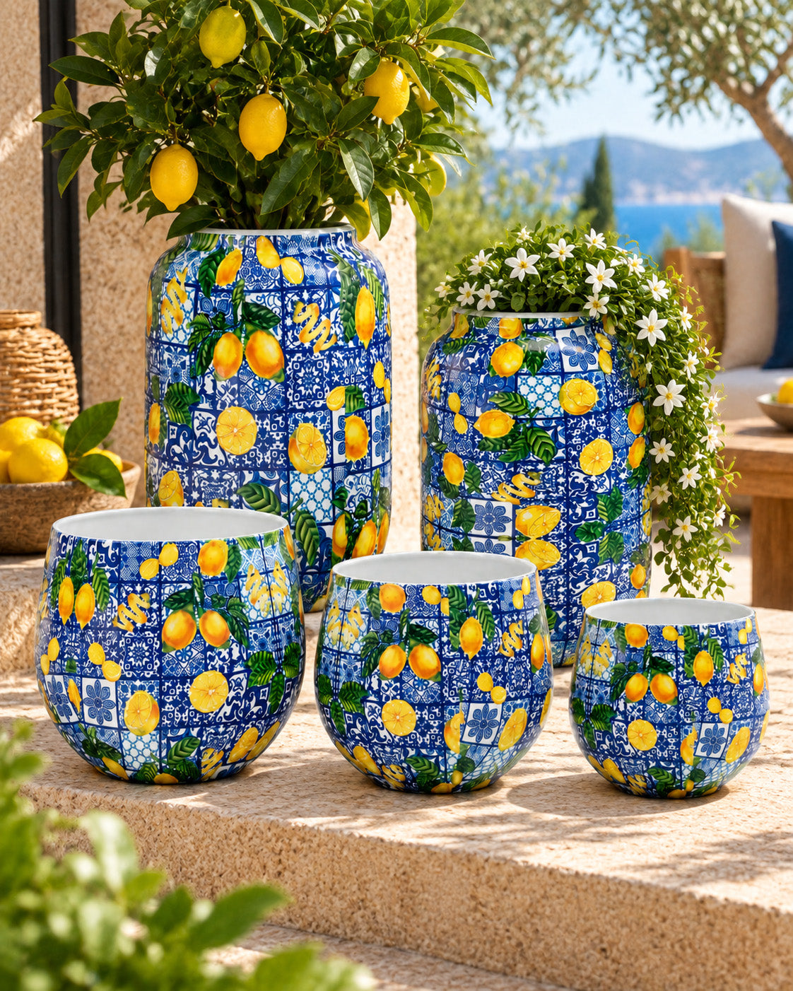 Amalfi 5'li metal saksı seti XS-XL, Amalfi desenli alüminyum enamel kaplama dekoratif saksılar