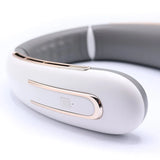 Neck Fan 2000 mAh beyaz gri renkli, rose gold detaylı taşınabilir şarjlı boyun fanı yakın çekim detayı.