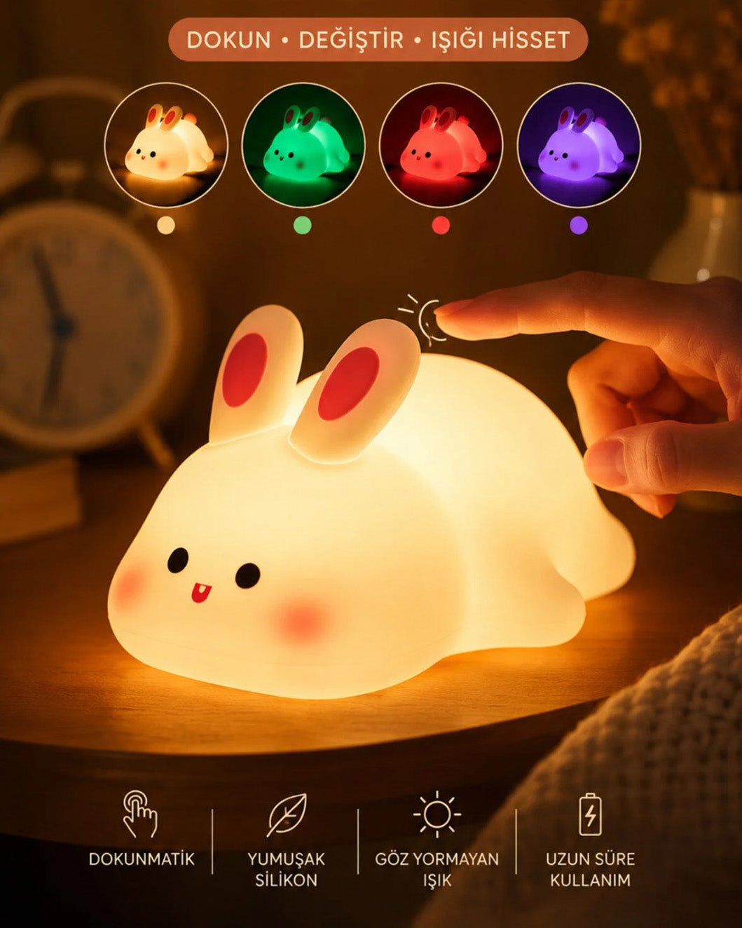 Big Face Rabbit 7 Renk Işıklı Silikon Gece Lambası