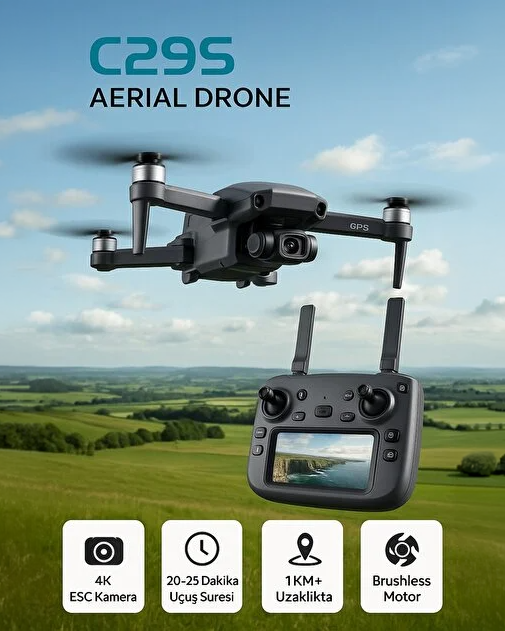 HARVOX C29S GPS 4K kameralı katlanabilir drone, 360° engel kaçınma ve 4,5 inç LCD ekranlı kumanda