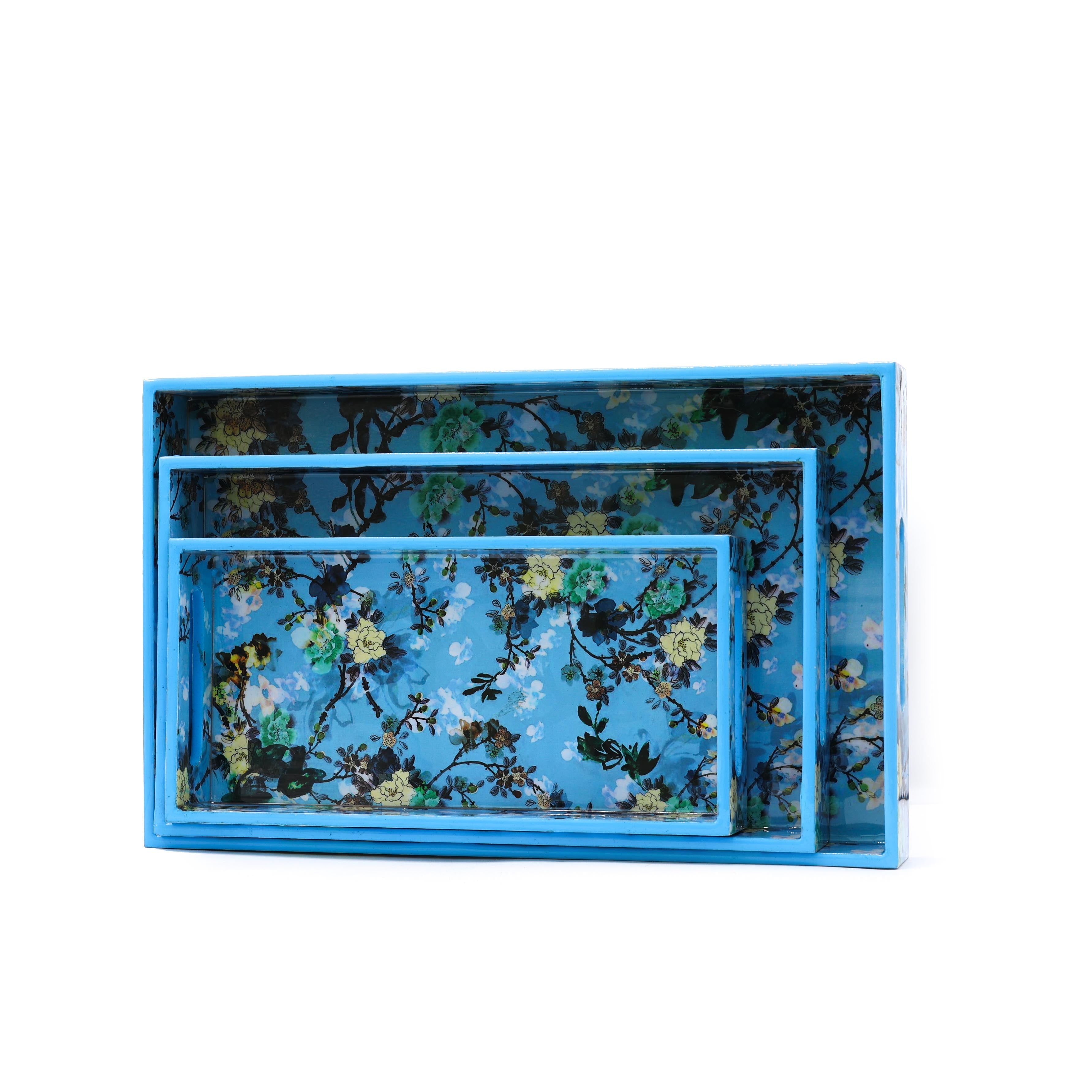 Çiçek Desenli Ahşap Tepsi Büyük 25x40 cm - mavi mango ağacı el yapımı