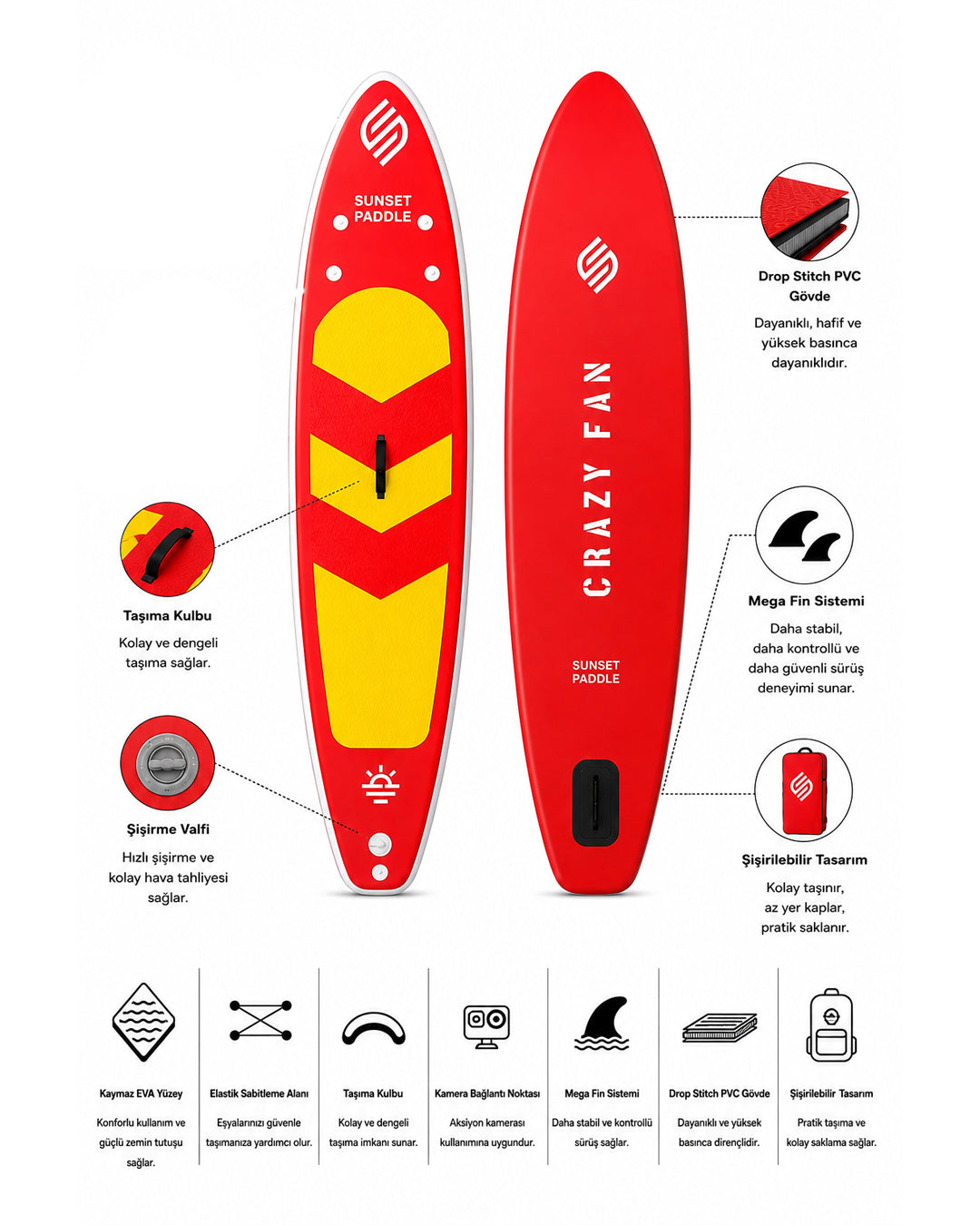 Crazy Fan Sarı Kırmızı Şişme SUP Board / Paddle Board 320 cm