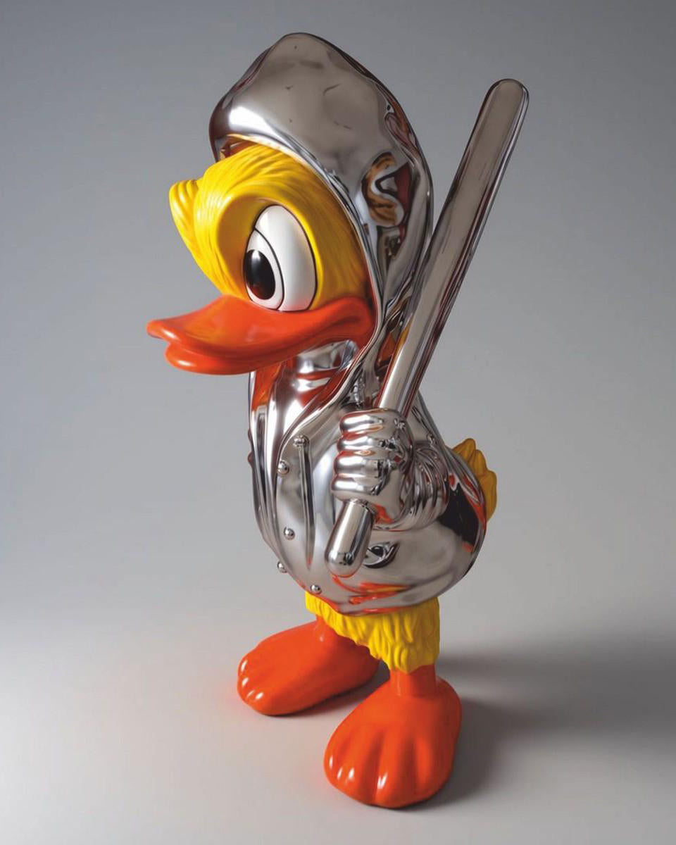 Pop Art Heykel Ducky Duck biblo, parlak gümüş krom kaplama ve kapüşonlu detaylarıyla dikkat çekiyor.