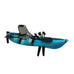 Vicking Kayak 285x83 cm Fox tek kişilik pedallı balıkçı kanosu, mavi kamuflaj gövdesi, paletli pedal sistemi ve küreği.