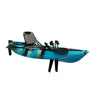 Vicking Kayak 285x83 cm Fox tek kişilik pedallı balıkçı kanosu, mavi kamuflaj gövdesi, paletli pedal sistemi ve küreği.