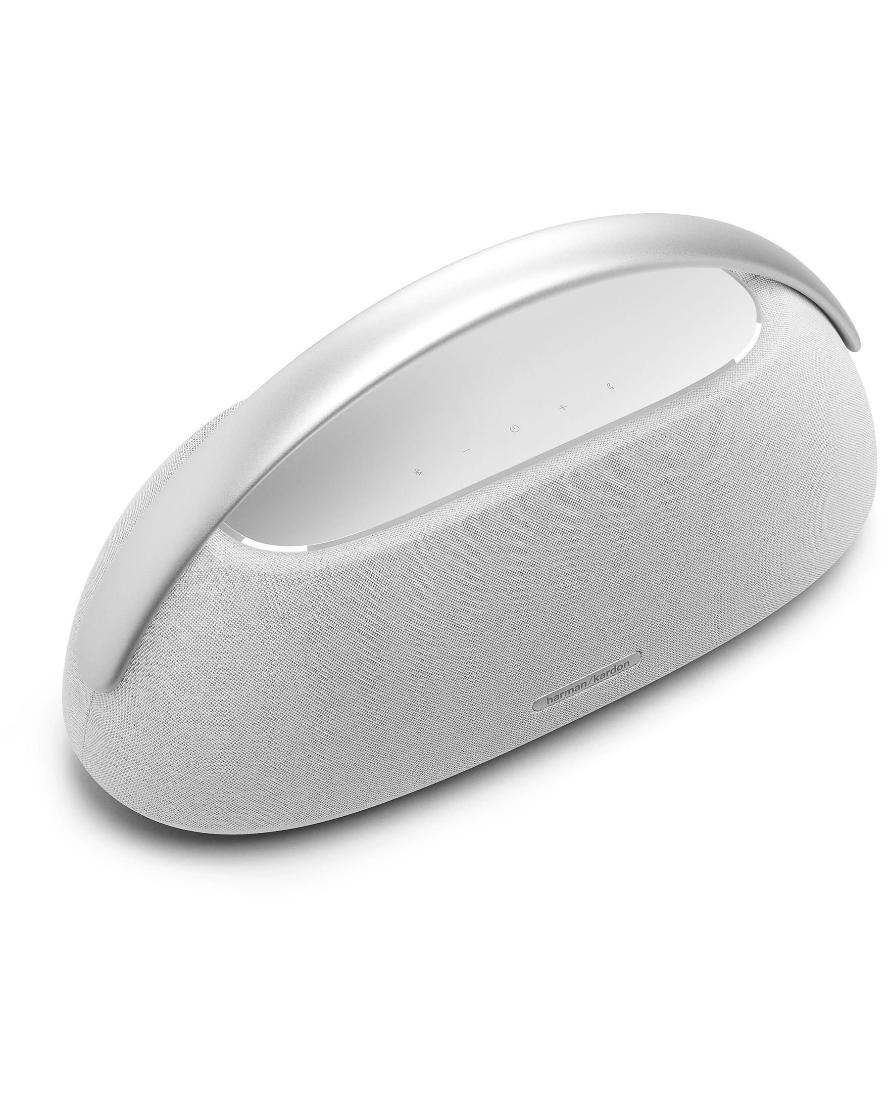 Harman Kardon GOPLAY3 Bluetooth Hoparlör Gri, gümüş tutma kolu ve dokulu kumaş ızgarasıyla.