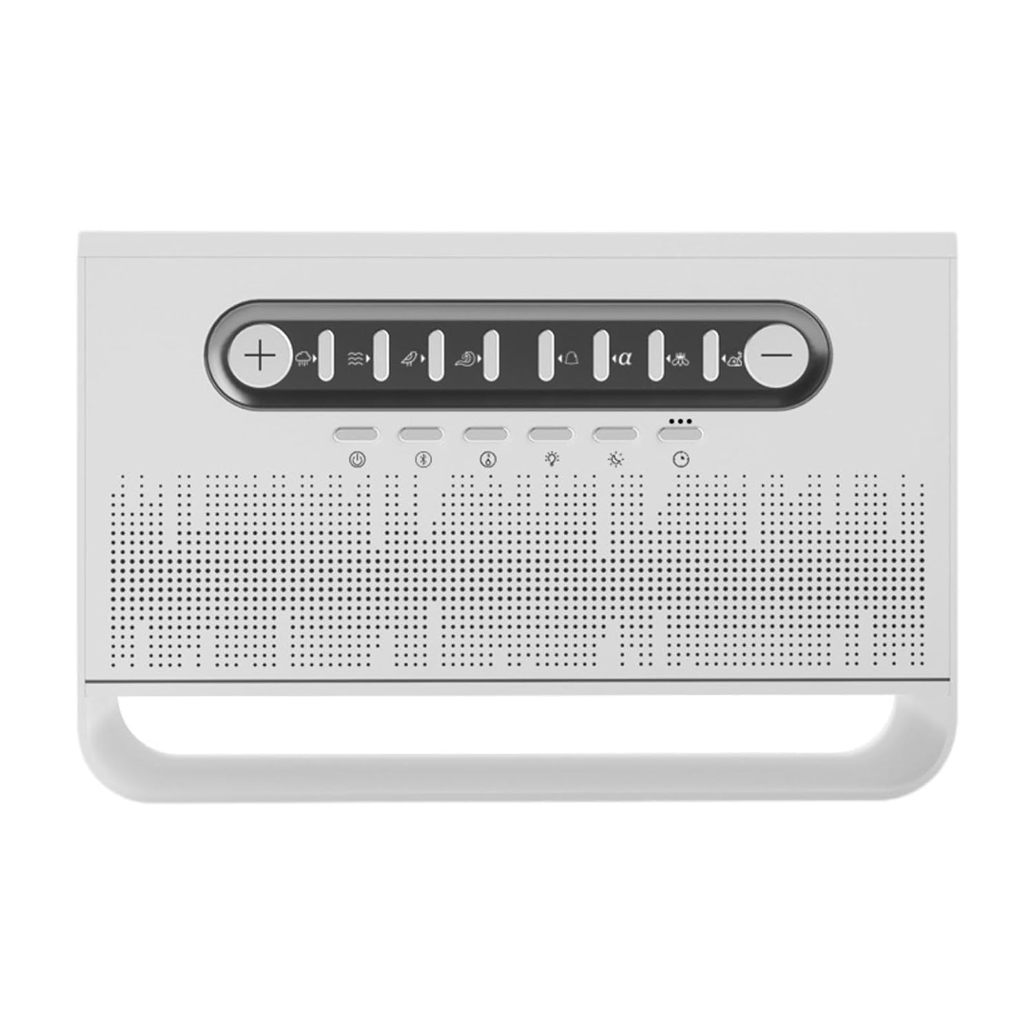 HARVOX beyaz Bluetooth hoparlörlü ve doğa sesli hava nemlendirici cihazın kontrol panelli önden görünümü.