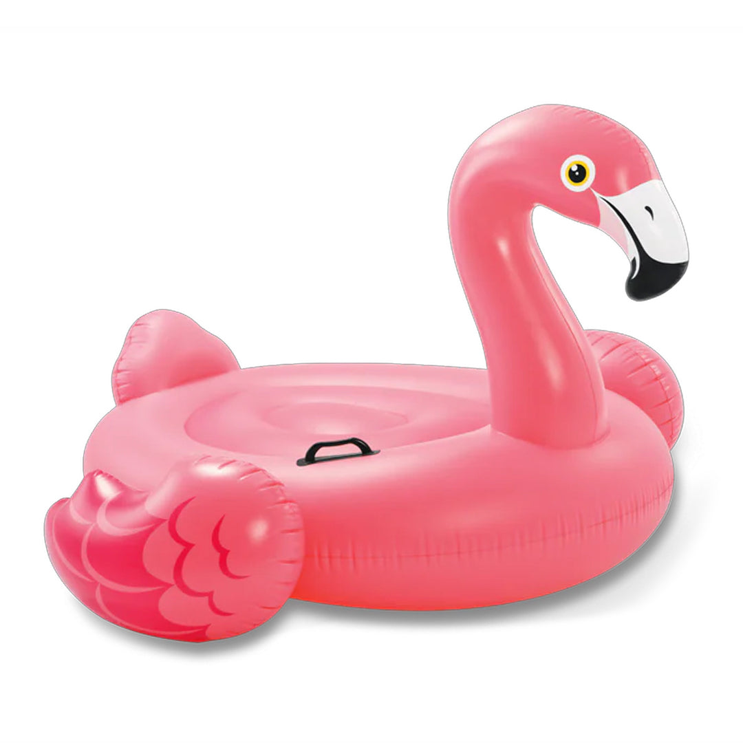 Pembe renkli ve siyah tutma kulplu Intex şişme flamingo deniz yatağı.
