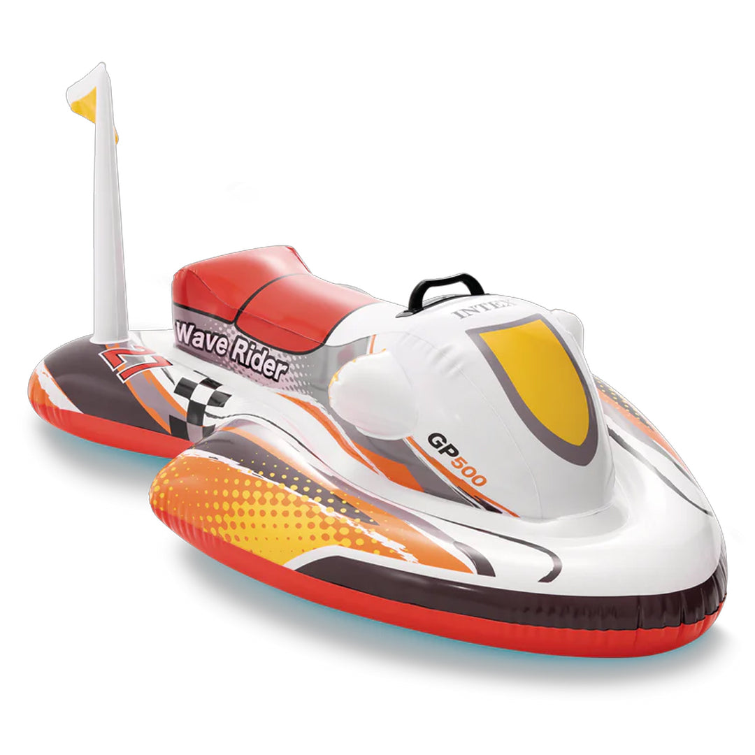 Intex 117x77 cm beyaz, kırmızı ve turuncu desenli Wave Rider şişme jet ski deniz oyuncağı.