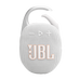JBL Clip 5 beyaz taşınabilir Bluetooth hoparlör, dahili klipsli yapısı ve örgü kumaş gövdesi ile önden görünümü.