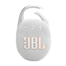 JBL Clip 5 beyaz taşınabilir Bluetooth hoparlör, dahili klipsli yapısı ve örgü kumaş gövdesi ile önden görünümü.