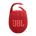 Klipsi açık konumda, kırmızı renkli JBL Clip 5 taşınabilir Bluetooth hoparlör.