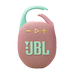 JBL Clip 5 yeşil klipsli, sarı tuş detaylı pembe kumaş dokulu taşınabilir Bluetooth hoparlör.
