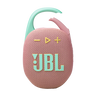 JBL Clip 5 yeşil klipsli, sarı tuş detaylı pembe kumaş dokulu taşınabilir Bluetooth hoparlör.
