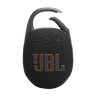 Siyah kumaş dokulu, turuncu logolu ve askı klipsli JBL Clip 5 taşınabilir Bluetooth hoparlör.