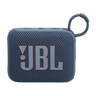 JBL Go 4 mavi taşınabilir Bluetooth hoparlör, turuncu çerçeveli logosu ve taşıma kulplu dokulu gövdesi.