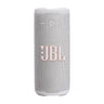 JBL Grip beyaz taşınabilir Bluetooth hoparlör, kumaş dokulu gövdesi ve turuncu çerçeveli logosuyla önden görünüm.