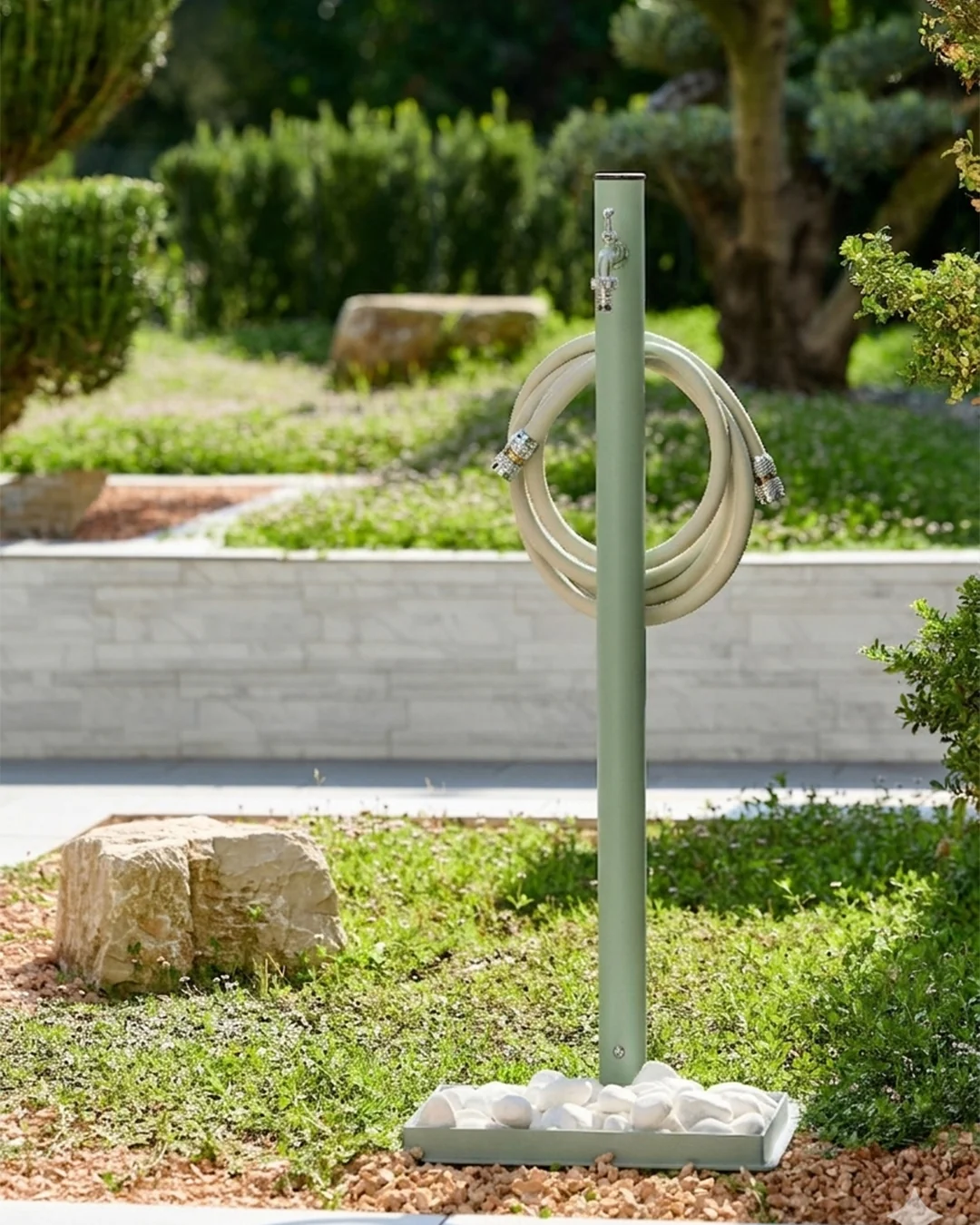 Loop Yuvarlak Bahçe Çeşmesi - Haki, modern tasarımı, entegre hortum askısı ve taşlı tabanıyla.