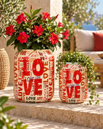 Love 2'li metal saksı seti L+XL, Love desenli alüminyum enamel kaplama dekoratif saksılar