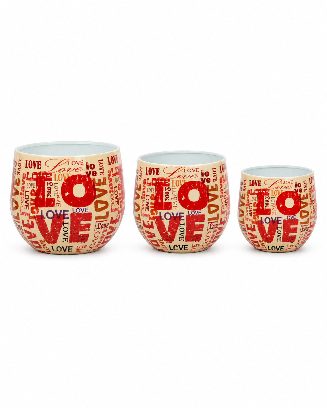 Love 3'lü metal saksı seti XS+S+M, Love desenli alüminyum enamel kaplama dekoratif saksılar