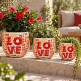 Love 3'lü metal saksı seti XS+S+M, Love desenli alüminyum enamel kaplama dekoratif saksılar