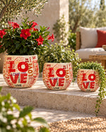 Love 3'lü metal saksı seti XS+S+M, Love desenli alüminyum enamel kaplama dekoratif saksılar