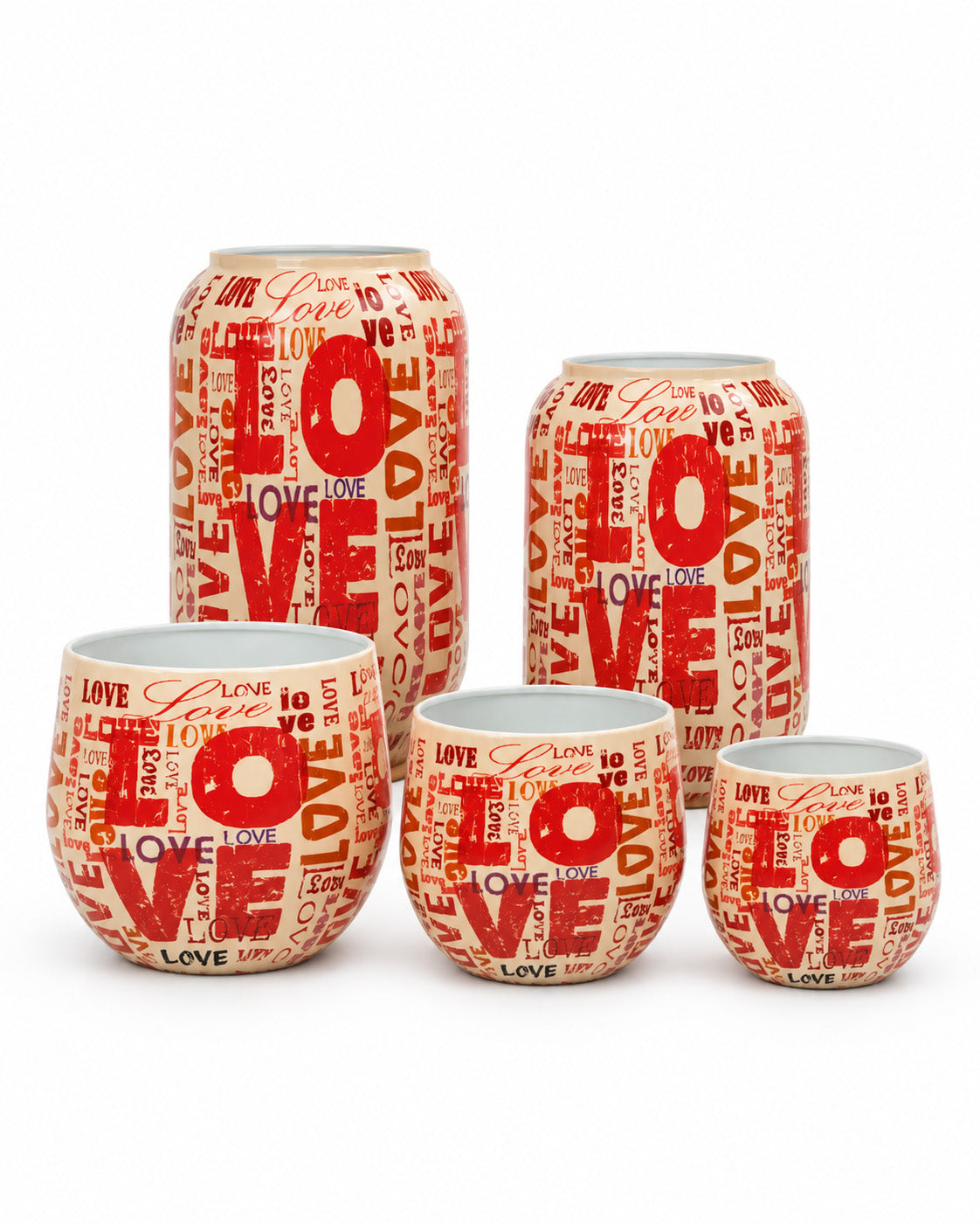Love 5'li metal saksı seti XS-XL, Love desenli alüminyum enamel kaplama dekoratif saksılar