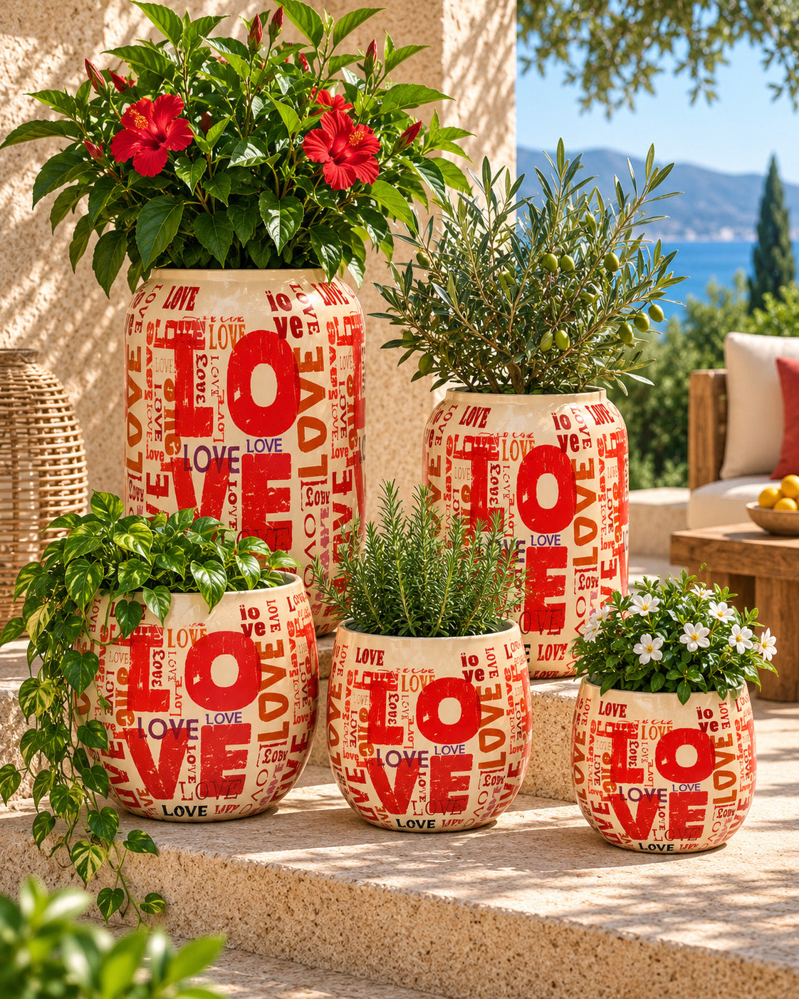 Love 5'li metal saksı seti XS-XL, Love desenli alüminyum enamel kaplama dekoratif saksılar