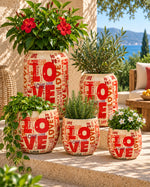 Love 5'li metal saksı seti XS-XL, Love desenli alüminyum enamel kaplama dekoratif saksılar