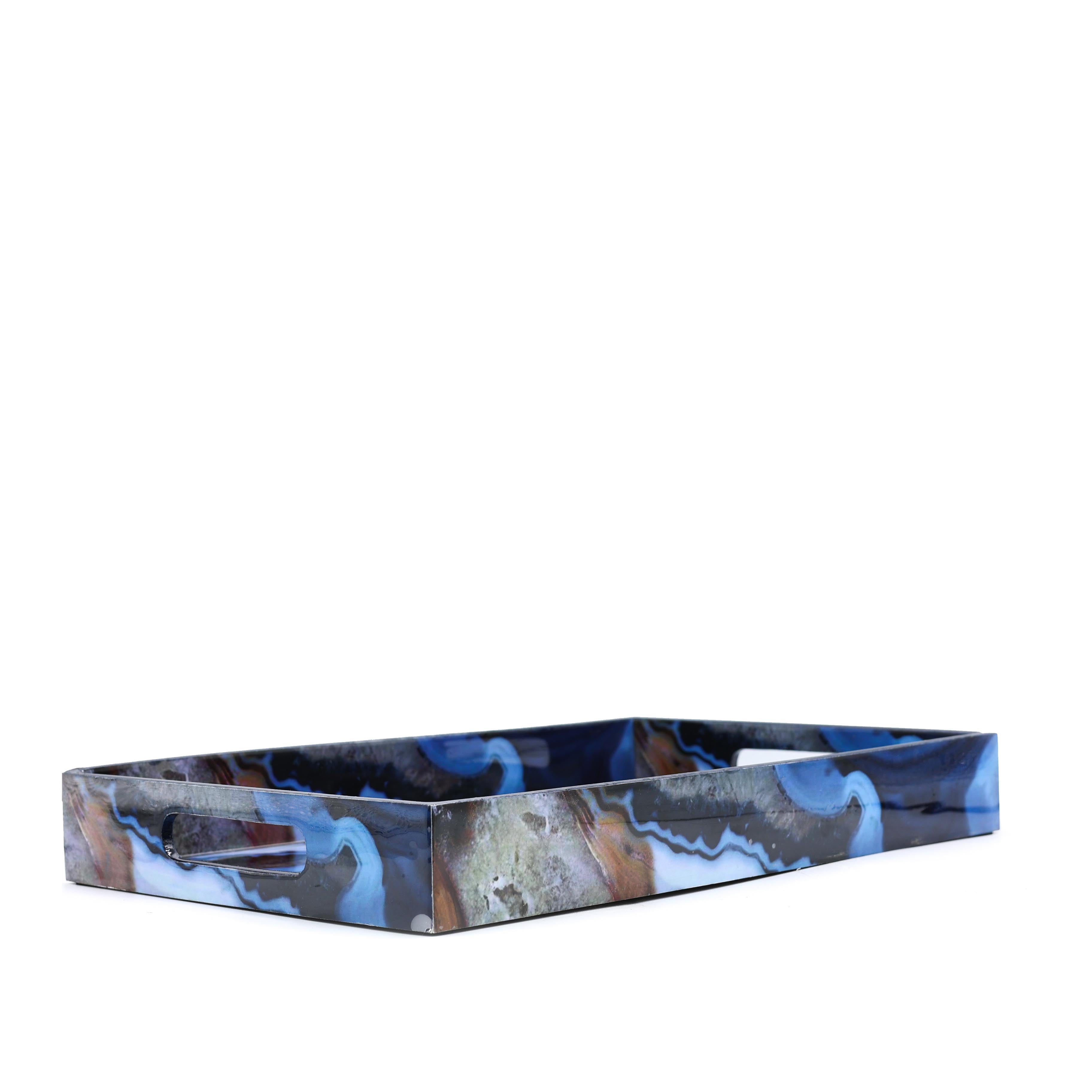 Mavi Desenli Ahşap Tepsi Büyük Boy