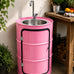 Metal varil dolaplı çeşme pembe eviyeli bahçe çeşmesi 90 cm iki raflı dolap