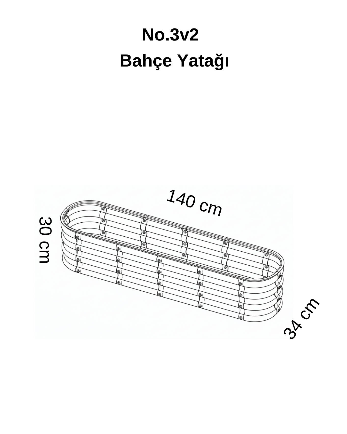 Bahçe Kulesi 140x34x30 cm Modüler Yükseltilmiş Bahçe Yatağı No:3V2 teknik ölçü şeması.