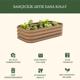 Bahçe Kulesi 140x35x30 cm kapuçino No:3V2 modüler yükseltilmiş bahçe yatağı çiçeklik ve özellik ikonları.